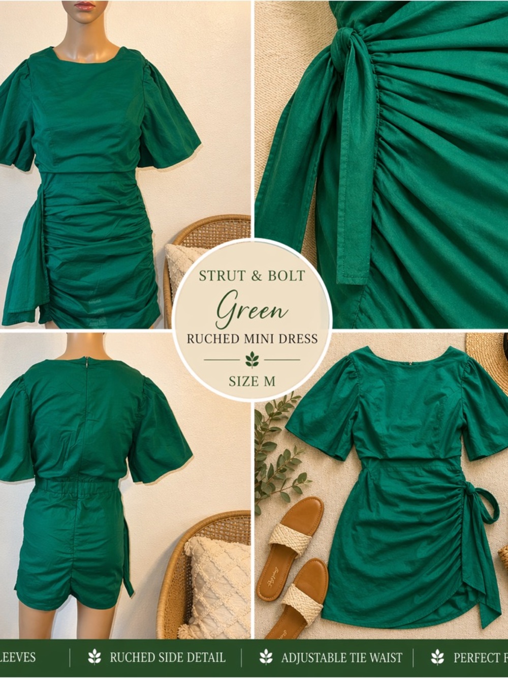 Strut & Bolt Emerald Ruched Tie-Waist Mini Dress Medium